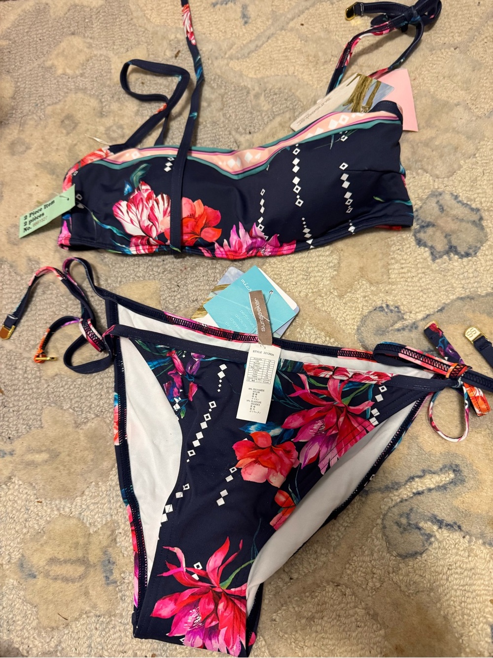 NWT SUNSEEKER Navy Floral Bandeau Tie-Side Bikini - Pink & Coral Floral